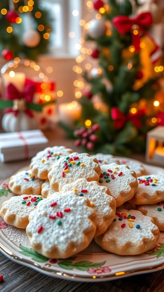 A plate of coquette cookies dusted with powdered sugar and decorated with sprinkles, set against a festive Christmas backdrop.